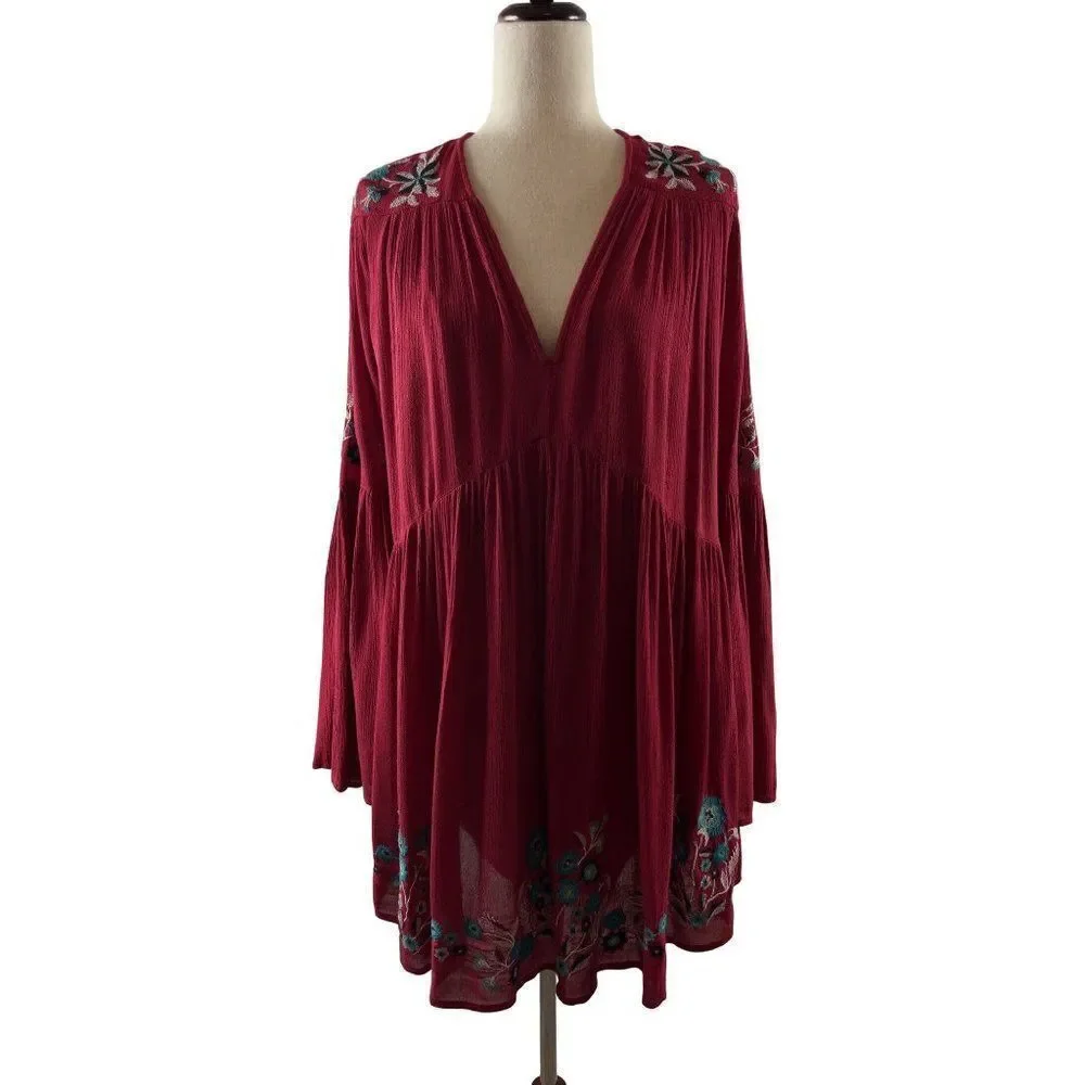 Free People Te Amo Embroidered Mini Dress Red XS Flared Sleeve Flowy Oversized